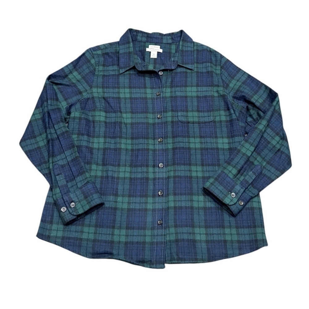 LL Bean Flannel Shirt Womens Petite XL Green Blue‎ Scotch Plaid Slightly Fitted